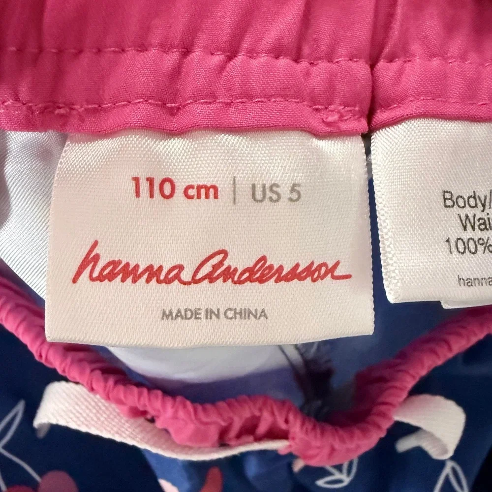 Hanna Andersson Girls Cherry Print Board Shorts Navy Pink Swim Trunks Size 5 110